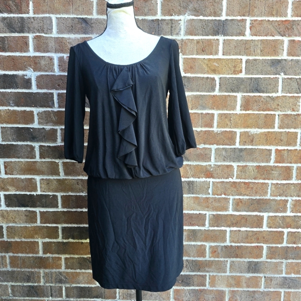 White House Black Market Ruffle Front Black Dress